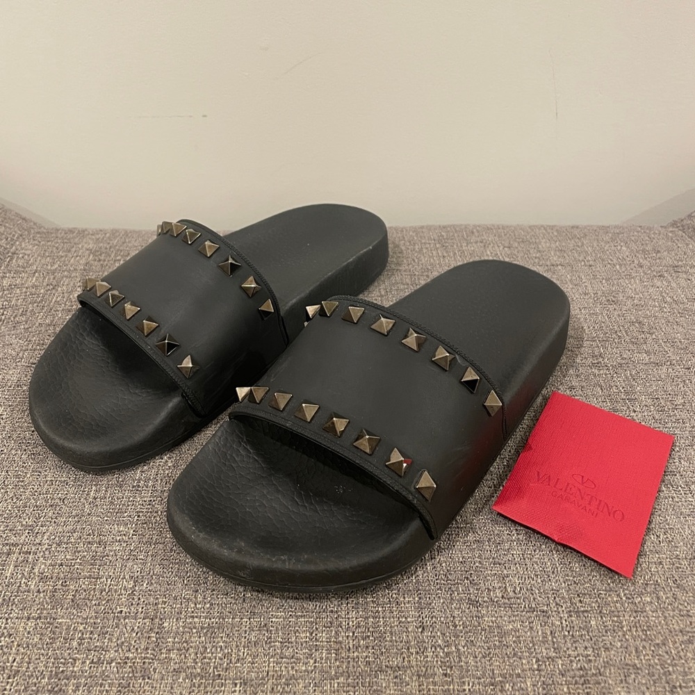 Valentino Black Rockstud Rubber Slides / Sandals